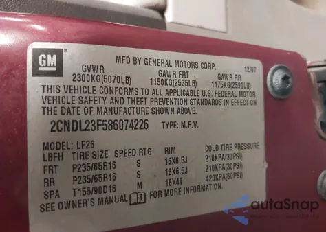 2008 Chevrolet Equinox Ls z USA, uszkodzony, nr VIN 2CNDL23F586074226